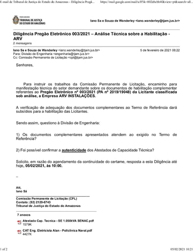 PREGÃO ELETRÔNICO Nº 003/2021 - DILIGÊNCIA CPL À DIVISÃO DE ENGENHARIA - DOCUMENTOS COMPLEMENTARES - ARV INSTALAÇÕES