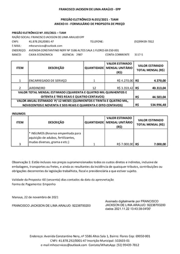 PREGÃO ELETRÔNICO Nº 55/2021 - PROPOSTA RETIFICADA - FRANCISCO