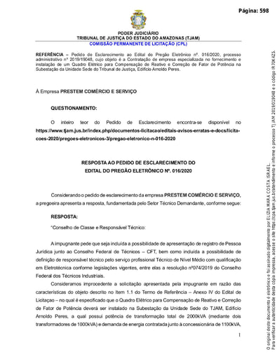 PREGÃO ELETRÔNICO Nº 016/2020 - RESPOSTA AO PEDIDO DE ESCLARECIMENTO - PRESTEM COMERCIO E SERVIÇO