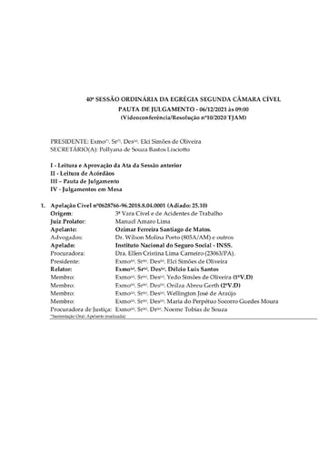 Pauta de Julgamento da Sessão Ordinária da Segunda Câmara Cível -  06.12.2021 (Videoconferência)
