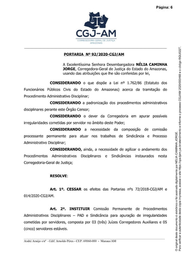 Portaria nº 92/2020-assin.CGJ-Comissão PAD Sindic