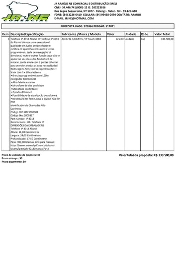 PREGÃO ELETRÔNICO Nº 51/2021 - PROPOSTA RETIFICADA - ITEM 4 - JR ARAUJO