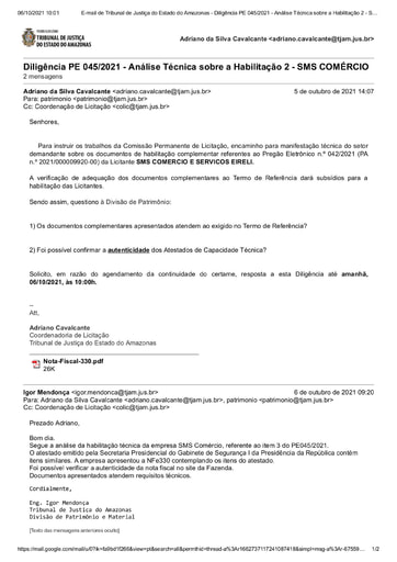 PREGÃO ELETRÔNICO Nº 45/2021 - DILIGÊNCIA COLIC À DIVISÃO DE PATRIMÔNIO - HABILITAÇÃO - ITEM 3 - SMS