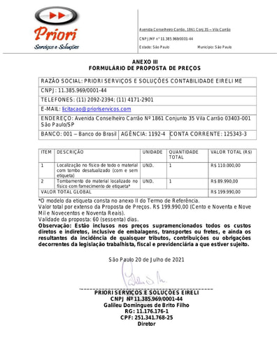 PREGÃO ELETRÔNICO Nº 031/2021 - PROPOSTA - PRIORI