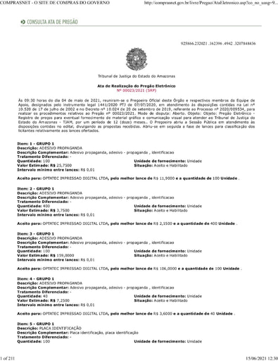 PREGÃO ELETRÔNICO Nº 023/2021 - ATA DA SESSÃO