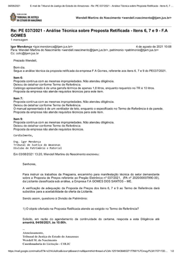 PREGÃO ELETRÔNICO Nº 037/2021 – DILIGÊNCIA CPL À DIVISÃO DE PATRIMÔNIO - PROPOSTA RETIFICADA - ITENS 6, 7 E 9 - F A GOMES