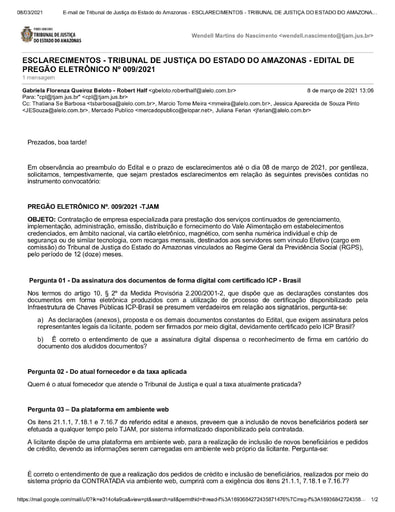 PREGÃO ELETRÔNICO Nº 009/2021 – PEDIDO DE ESCLARECIMENTO - ALELO