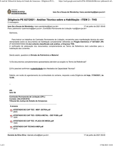 PREGÃO ELETRÔNICO Nº 027/2021 - DILIGÊNCIA CPL À DIVISÃO DE PATRIMÔNIO - HABILITAÇÃO - THS - ITEM 3