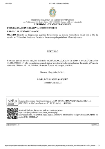 PREGÃO ELETRÔNICO Nº 030/2021 - CERTIDÃO - FRANCISCO - ITEM 1
