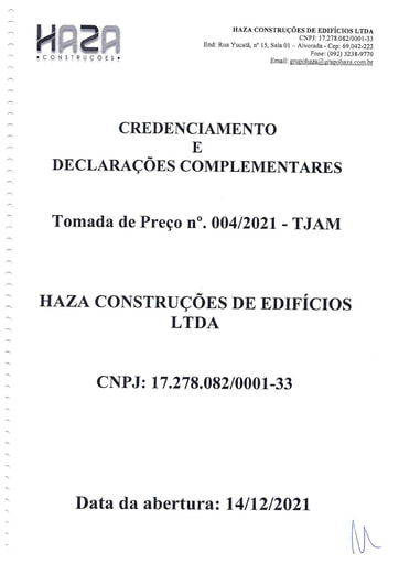 TOMADA DE PREÇOS Nº 004/2021 - DECLARAÇÕES E CREDENCIAMENTO - HAZA