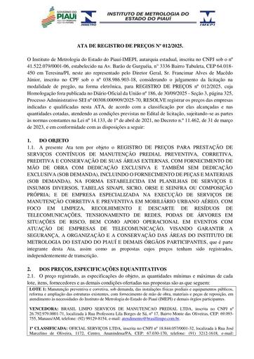 Adesão à ARP 0012/2025 PE 012/2025 - INSTITUTO DE METROLOGIA DO ESTADO DO PIAUÍ (IMEPI)