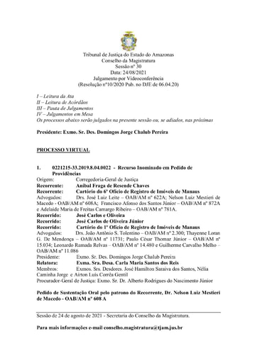 Pauta de Julgamento do Conselho da Magistratura para o dia 24.08.2021
