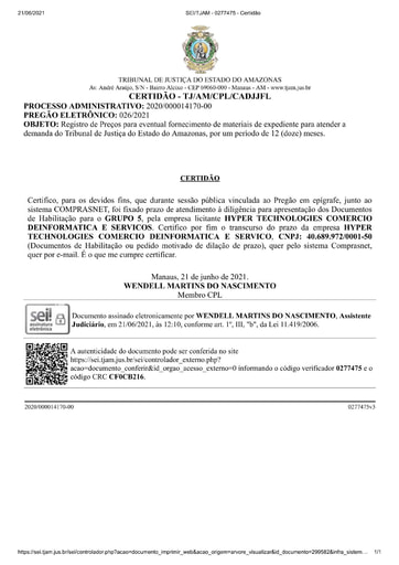 PREGÃO ELETRÔNICO Nº 026/2021 - CERTIDÃO DECURSO DE PRAZO - HABILITAÇÃO - GRUPO 5 - HYPER TECH