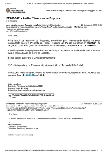 PREGÃO ELETRÔNICO Nº 026/2021 - DILIGÊNCIA CPL À DIVISÃO DE PATRIMÔNIO - PROPOSTA - G6 - S DE O PEDROSA
