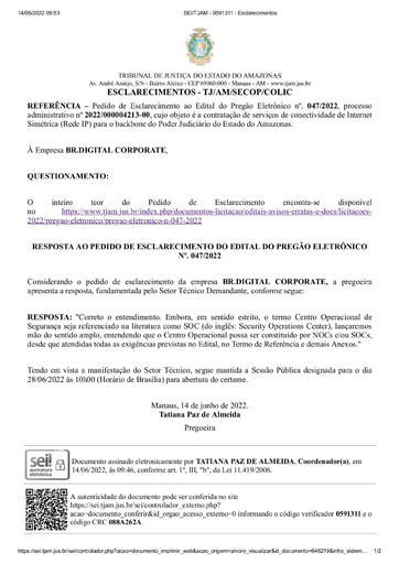 PREGÃO ELETRÔNICO N° 047/2022 - RESPOSTA AO PEDIDO DE ESCLARECIMENTO - BR.DIGITAL