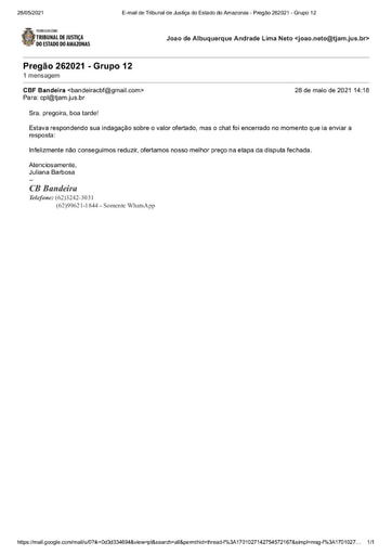 PREGÃO ELETRÔNICO Nº 026/2021 - E-MAIL - G12 - CBF COMÉRCIO
