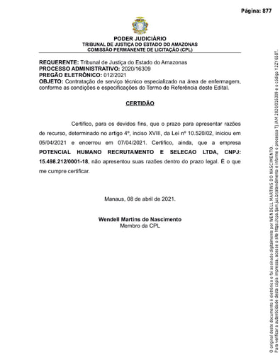 PREGÃO ELETRÔNICO Nº 012/2021 - CERTIDÃO - RAZÕES NÃO APRESENTADAS - POTENCIAL HUMANO