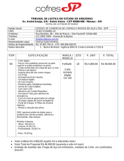 PREGÃO ELETRÔNICO Nº 045/2021 - PROPOSTA RETIFICADA - ITEM 9 - COFRES