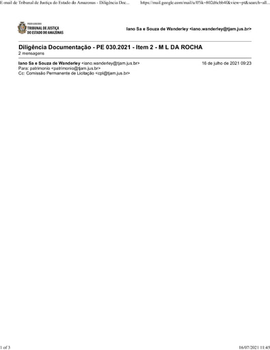 PREGÃO ELETRÔNICO Nº 030/2021 - DILIGÊNCIA CPL À DIVISÃO DE PATRIMÔNIO - DOCUMENTAÇÃO - ITEM 2 - M L DA ROCHA
