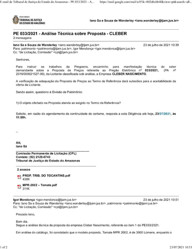 PREGÃO ELETRÔNICO Nº 033/2021 - DILIGÊNCIA CPL À DIVISÃO DE PATRIMÔNIO - PROPOSTA - CLEBER NASCIMENTO