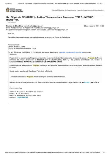 PREGÃO ELETRÔNICO Nº 002/2021 – DILIGÊNCIA CPL À DIVISÃO DE PATRIMÔNIO E MATERIAL - PROPOSTA - ITEM 7 - IMPERIO INDUSTRIA