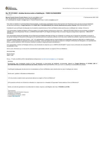 PREGÃO ELETRÔNICO Nº 011/2022 - DILIGÊNCIA COLIC À SEINF - DOCUMENTAÇÃO -  TORO ELEVADORES