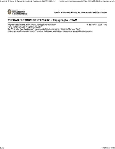PREGÃO ELETRÔNICO Nº 020/2021 - PEDIDO DE IMPUGNAÇÃO - TK ELEVADORES BRASIL