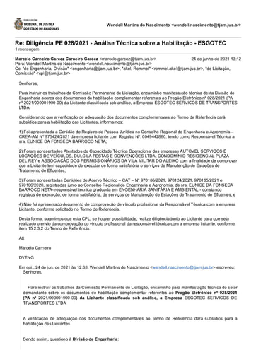 PREGÃO ELETRÔNICO Nº 028/2021 - DILIGÊNCIA CPL À DIVISÃO DE ENGENHARIA - DOCUMENTOS COMPLEMENTARES - ESGOTEC