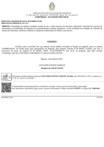 PREGÃO ELETRÔNICO Nº 006/2025 - CERTIDÃO DECURSO DE PRAZO - K M DINIZ