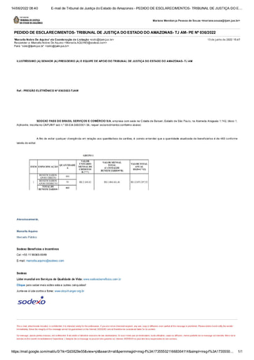 PREGÃO ELETRÔNICO Nº 036/2022 - PEDIDO DE ESCLARECIMENTO - SODEXO