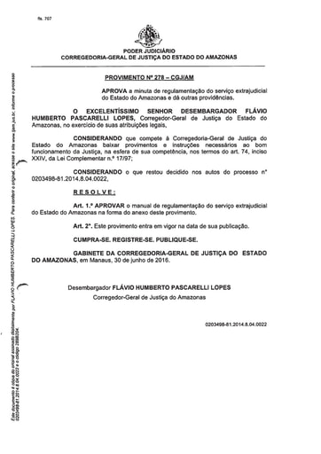 PROVIMENTO 278 - Aprova a minuta de regulamentação do serviço extrajudicial do Estado do Amazonas