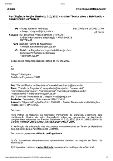 PREGÃO ELETRÔNICO Nº 010/2020 - DILIGÊNCIA CPL À DIVISÃO DE ENGENHARIA - DOCUMENTAÇÃO - PROTENORTE MATERIAI