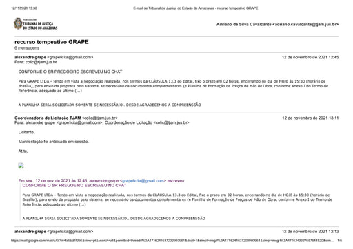 PREGÃO ELETRÔNICO Nº 55/2021 - MANIFESTAÇÃO DA EMPRESA GRAPE LTDA (EMAIL)