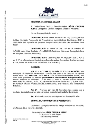 Portaria nº 284/2020-CGJ/AM (Altera a Portaria nº 132/2020-CGJ/AM para redesignar os integrantes da respectiva Comissão)