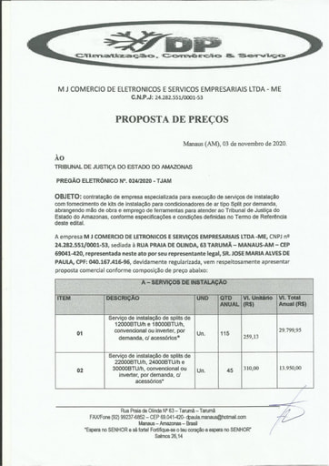 PREGÃO ELETRÔNICO Nº 024/2020 - PROPOSTA - M J COMERCIO