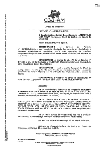 Portaria nº215/2017-CGJ/AM (Instaura Procedimento Administrativo Disciplinar - PAD; Processo nº 0211470-34.2016.8.04.0022)