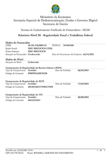 PREGÃO ELETRÔNICO Nº 002/2021 – DOCUMENTOS QUE CONSTAM NO SICAF - ITEM 2 - SIEG NEGÓCIOS