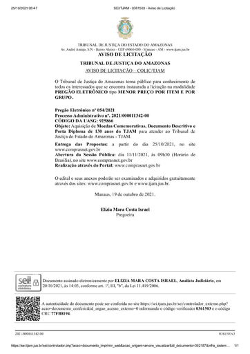 PREGÃO ELETRÔNICO Nº 54/2021 - AVISO DE LICITAÇÃO