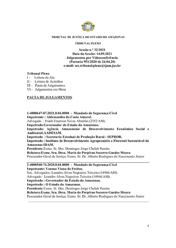 Pauta do Tribunal Pleno de 14 09 2021