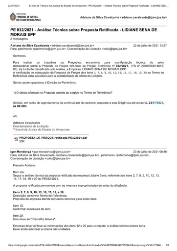 PREGÃO ELETRÔNICO Nº 032/2021 – DILIGÊNCIA CPL À DIVISÃO DE PATRIMÔNIO - PROPOSTA RETIFICADA - LIDIANE