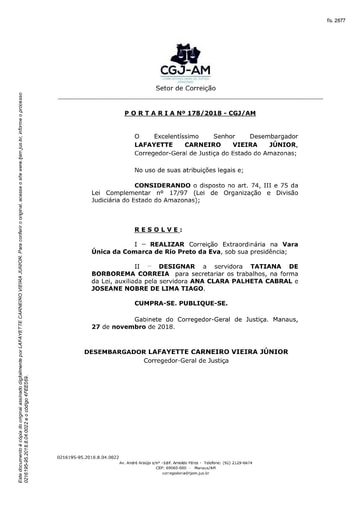 Portaria nº178/2018-CGJ/AM (Realiza Correição Extraordinária na Vara Única da Comarca de Rio Preto da Eva)