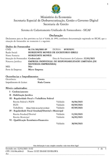 PREGÃO ELETRÔNICO Nº 015/2021 - DOCUMENTOS DE HABILITAÇÃO 1 - ITEM 1 - HORIZONTE