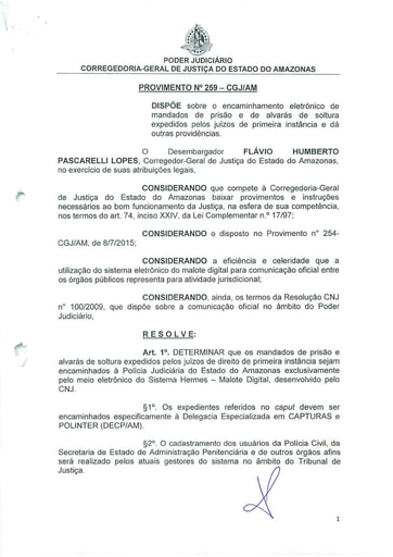PROVIMENTO 259 - Dispõe sobre o encaminhamento eletrônico de mandados de prisão e de alvarás de soltura expedidos pelos juízos de primeira instância