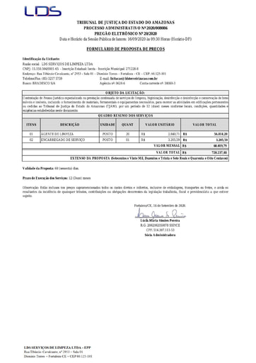 PREGÃO ELETRÔNICO Nº 020/2020 - PROPOSTA RETIFICADA - LDS SERVIÇOS