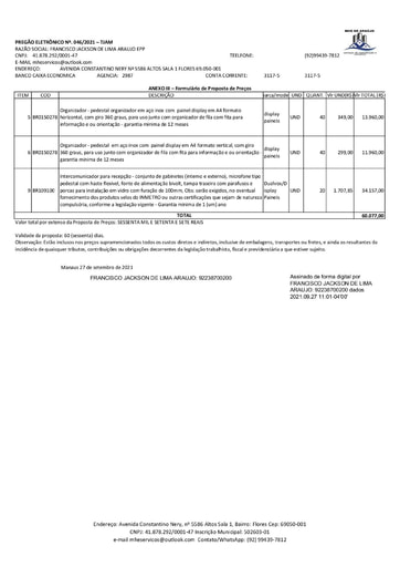 PREGÃO ELETRÔNICO Nº 46/2021 - PROPOSTA RETIFICADA -  ITENS 5 E 6 - FRANCISCO