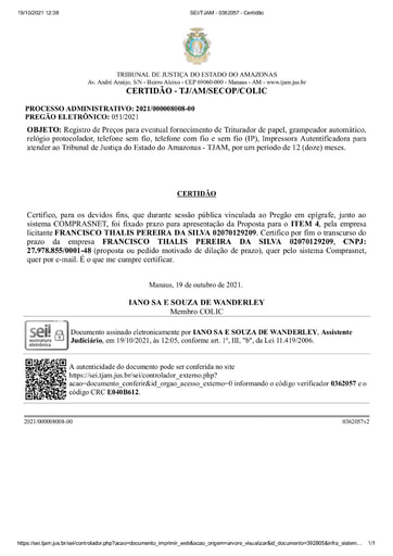 PREGÃO ELETRÔNICO Nº 51/2021 - CERTIDÃO DECURSO DE PRAZO - ITEM 4 - FRANCISO THALIS