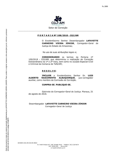 Portaria nº108/2018-CGJ/AM (Inclui o Dr. Luis Alberto Nascimento Albuquerque como membro da Comissão)