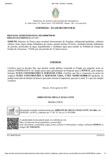 PREGÃO ELETRÔNICO Nº 037/2021 - CERTIDÃO DECURSO DE PRAZO - ITEM 11 - TUIUE
