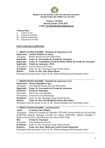 PAUTA DO TRIBUNAL PLENO DO DIA 25/01/2022 - Videoconferência