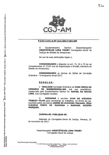 Portaria nº211/2017-CGJ/AM (Realiza Correição Ordinária na Vara Única da Comarca de Barreirinha/AM)